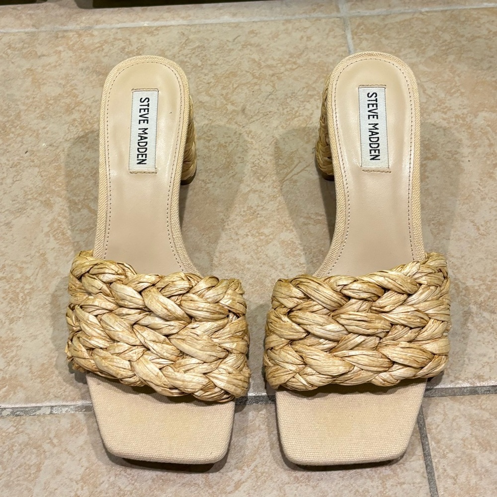 Steve Madden woven block heel sandals.